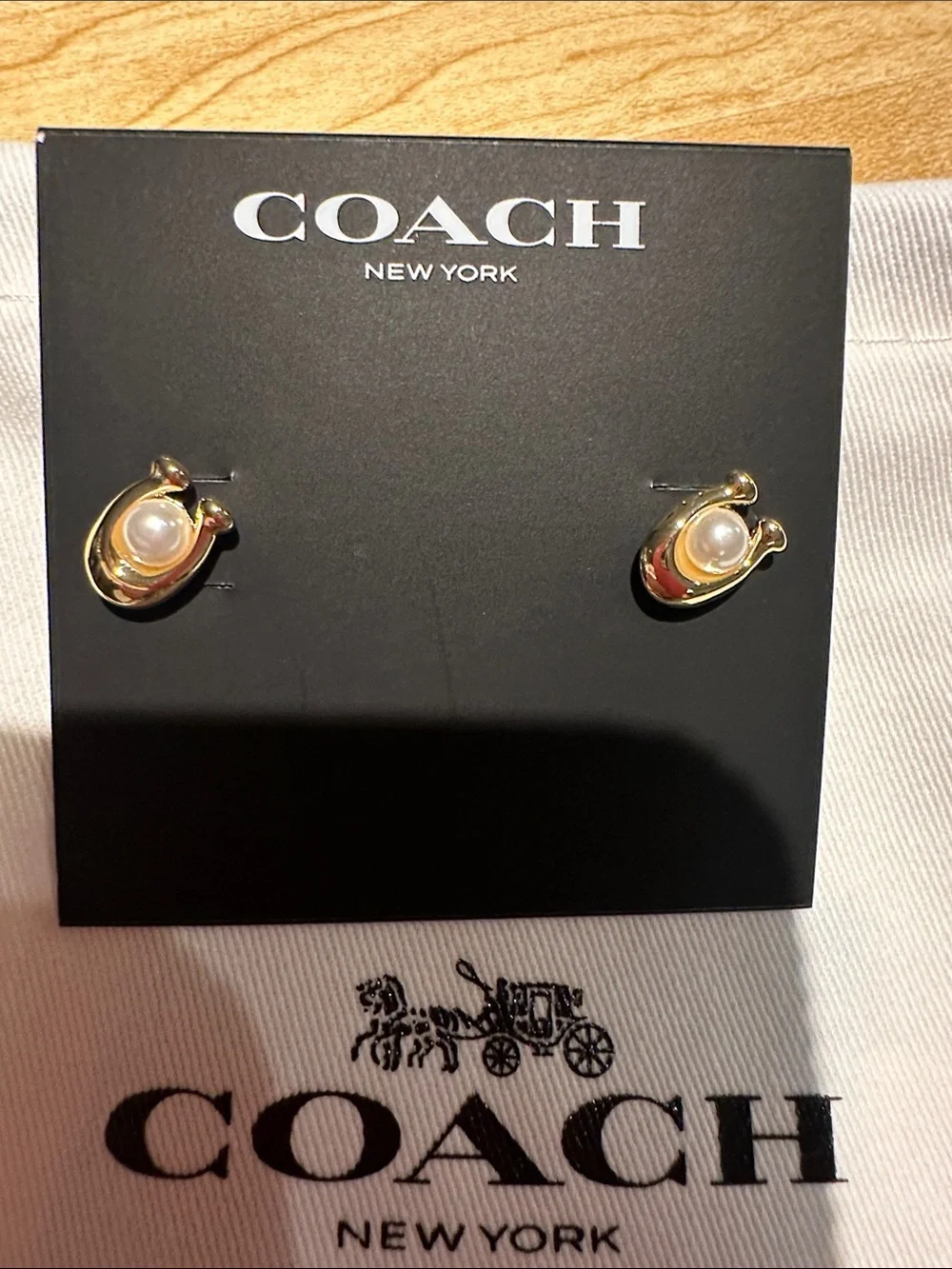Coach Gold and Pearl Horseshoe Stud Earrings - Picture 4 of 4